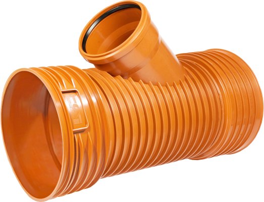 Trójnik trzykielichowy kanalizacji zewnętrznej K2-Kan OD/KG 45° PP bez uszczelek do rury korugowanej, z uszczelką do rury gładkiej KG, oranż 400/110 Kaczmarek 1021313450