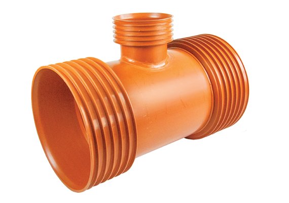 Trójnik trzykielichowy kanalizacji zewnętrznej K2-Kan ID 90° PP bez uszczelek do rur korugowanych, oranż 600/250 Kaczmarek 1022503900