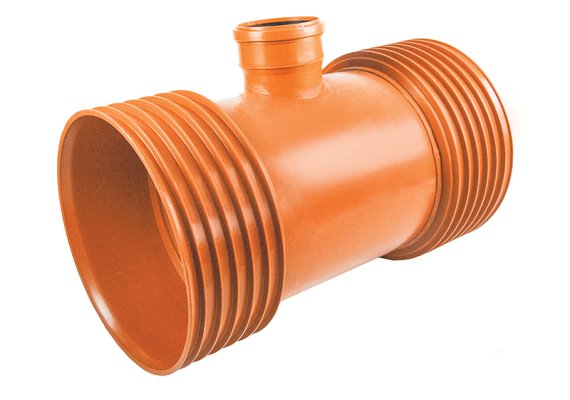 Trójnik trzykielichowy kanalizacji zewnętrznej K2-Kan ID/KG 90° PP bez uszczelek do rury korugowanej, z uszczelką do rury gładkiej KG, oranż 800/200 Kaczmarek 1020583900