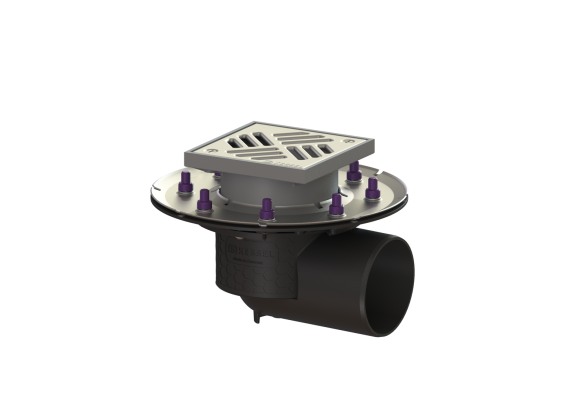 Wpust Ecoguss DN100, odpł. boczny, z kratką szczel. nierdz. 138x138 przykręcaną Kessel 48711.11