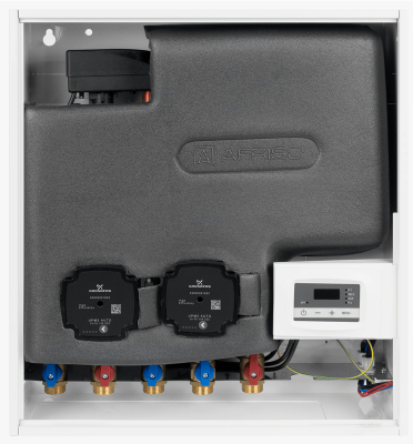 Zestaw separacyjny PrimoBox AHB 642 w szafce, 2 pompy Grundfos UPM3 Auto, zawór termostatyczny ATV 213 (45°C), zawór przełączający AZV 643 AFRISO 7664
