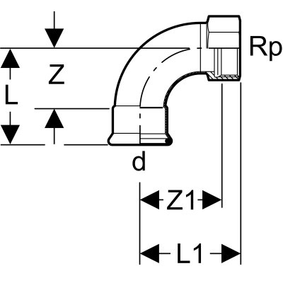 Kolano Geberit Mapress C-Stahl przejściowe 90st. z gwintem wewnętrznym d18-Rp1/2 20555