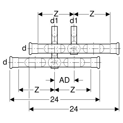 Trójnik krzyżakowy Geberit Mapress C-Stahl RP-K/RL RP-KV + RP-KR d18-15 24003