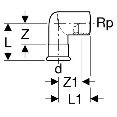 Kolano Geberit Mapress Kupfer Gas przejściowe 90st. z gwintem wewnętrznym d15-Rp1/2 34725