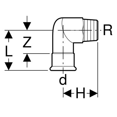 Kolano Geberit Mapress Kupfer Gas przejściowe 90st. z gwintem wewnętrznym d15-R1/2 34728