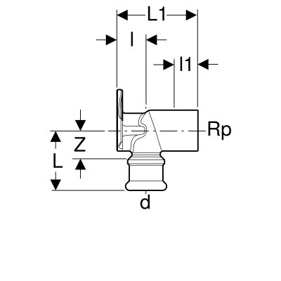 Podłączenie armatury Geberit Mapress Kupfer 90st. z gwintem wewnętrznym d15-Rp1/2 L52 63453