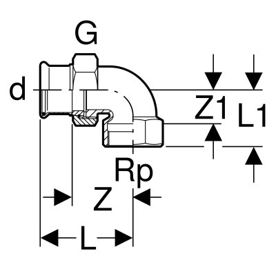 Śrubunek Geberit Mapress Kupfer przejściowy kątowy 90st. z gwintem wewnętrznym d35-Rp1.1/4 65386