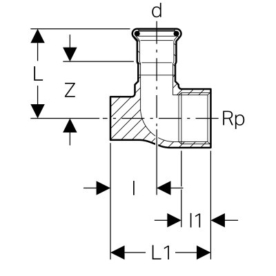 Podłączenie armatury Geberit Mapress Kupfer Gas 90st. z gwintem wewnętrznym d28-Rp3/4 91104