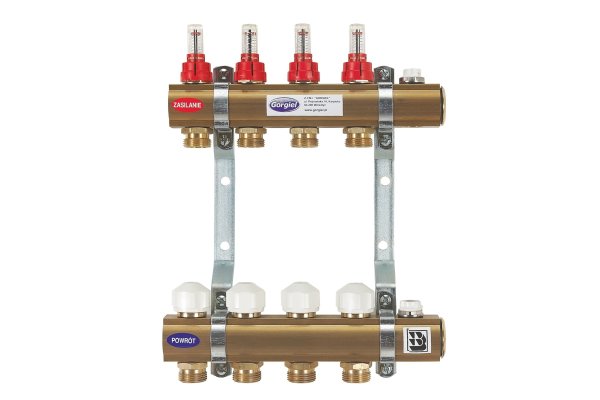 Rozdzielacz mosiężny z przepływomierzami i zaworami termostatycznymi, typ R PT 4-sekcyjny 255x340x75 mm Gorgiel 1041123440