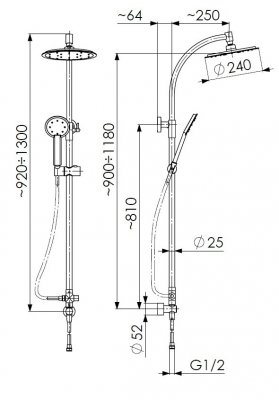 LEDA deszczownica z regulacją wysokości talerza fi 240 mm chrom KFA 8401-190-00