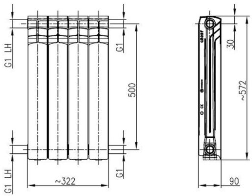 Grzejnik aluminiowy G500F 4-elementowy Armatura 789-040-44