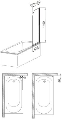 Modern 1 parawan 1 -elementowy nawannowy czarny szkło przejrzyste 670-680mm / 1400mm KFA 170-06940P