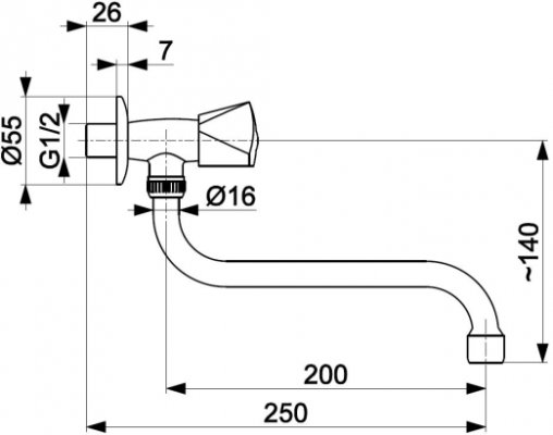 Zawór wypływowy zlewozmywakowy z wylotem L=200 mm ścienny KFA 220-620-00