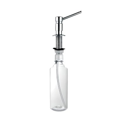 Dozownik do płynów, mocowany w blacie, zlewozmywaku lub umywalce. Element dozujący wykonany z mosiądzu, pokryty warstwą chromu. Kolor – stal szczotkowana.  McAlpine SOAP-MT102-SN