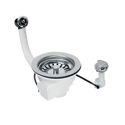 Spust zlewozmywakowy 1.1/2″x113mm z sitem ze stali nierdzewnej i korkiem automatycznym. Przelew z okrągłym podłączeniem.  McAlpine PUFS113-CP-25