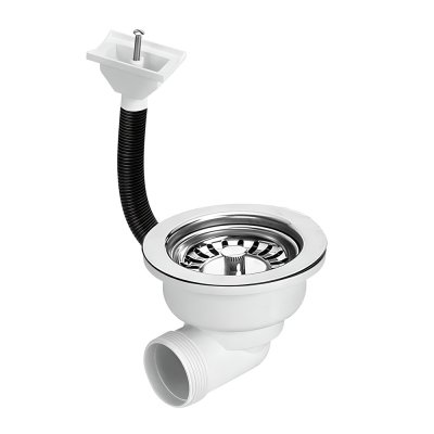 Spust zlewozmywakowy 1.1/2″x113mm z sitem ze stali nierdzewnej, odpływ poziomy. Przelew z horyzontalnym podłączeniem do ociekacza.  McAlpine HC162DR-SS-B