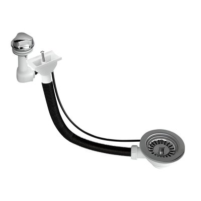 Spust zlewozmywakowy 1.1/2″x113mm z sitem ze stali nierdzewnej i korkiem automatycznym. Przelew z horyzontalnym podłączeniem do ociekacza.  McAlpine PUFS113DR-CP