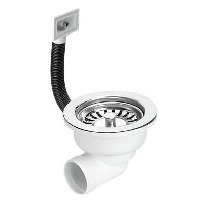 Spust zlewozmywakowy 1.1/2″x113mm z sitem ze stali nierdzewnej, odpływ poziomy. Przelew z prostokątnym podłączeniem do ociekacza.  McAlpine HC162R-FS