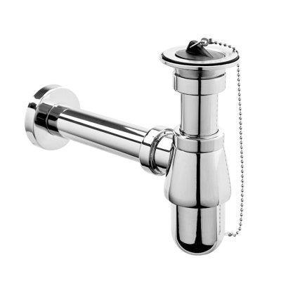 Syfon umywalkowy butelkowy „niski” 1.1/4″x32mm wykonany z mosiądzu pokryty warstwą chromu ze spustem i korkiem gumowym.  McAlpine 200/255M