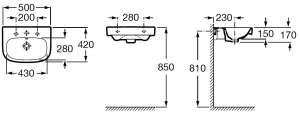 Umywalka kwadratowa ścienna DEBBA 50x42 cm z otworem Roca A325996000