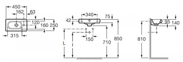 Umywalka kwadratowa ścienna MERIDIAN-N 45x25 cm z otworem Roca A327248000