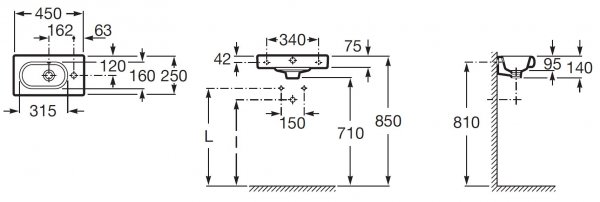 Umywalka kwadratowa ścienna MERIDIAN-N 45x25 cm z otworem Roca A32724800M