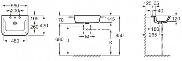 Umywalka kwadratowa ścienna GAP 45x42 cm z otworem Roca A327477000