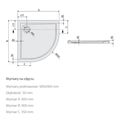 Brodzik półokrągły typ BP/PR 90x90x3 BIEW Sanplast 615-070-0730-01-000