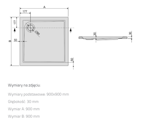 Brodzik kwadratowy typ B/PR 90x90x3 BIEW Sanplast 615-070-0420-01-000