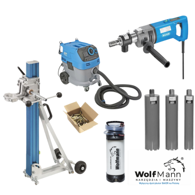 Zestaw wiertnica BAIER BDB825 ze statywem BST200 z odkurzaczem i akcesoriami Wolfmann SET200200GRU